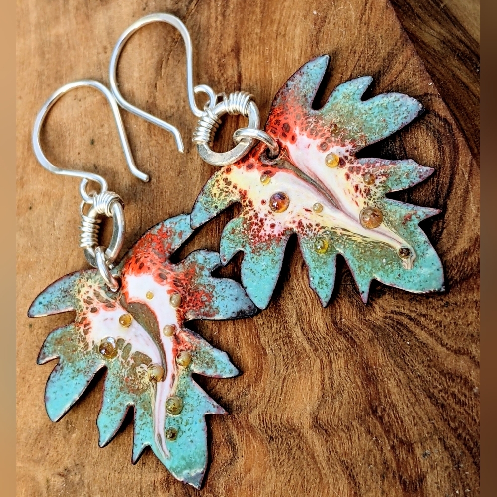 Hand Crafted Sterling Silver Earrings Artisan Leaf Charm Wire Wrap Hoop - Picture 3 of 15